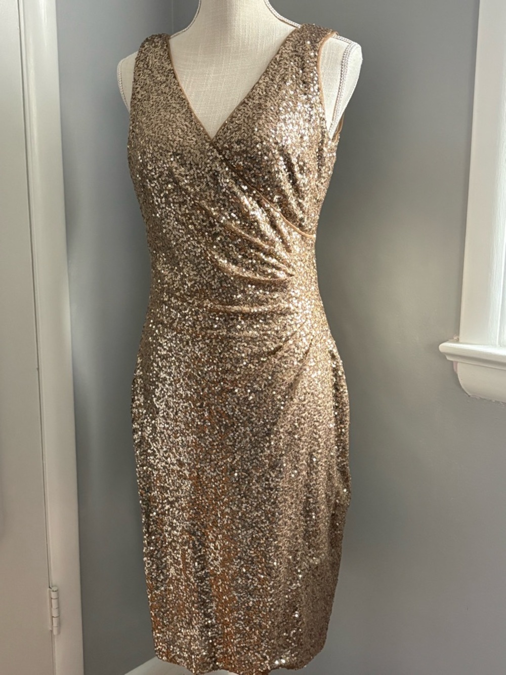 Ralph Lauren, Gold Sequin V-Neck Midi Dress, 8 - Picture 3 of 9